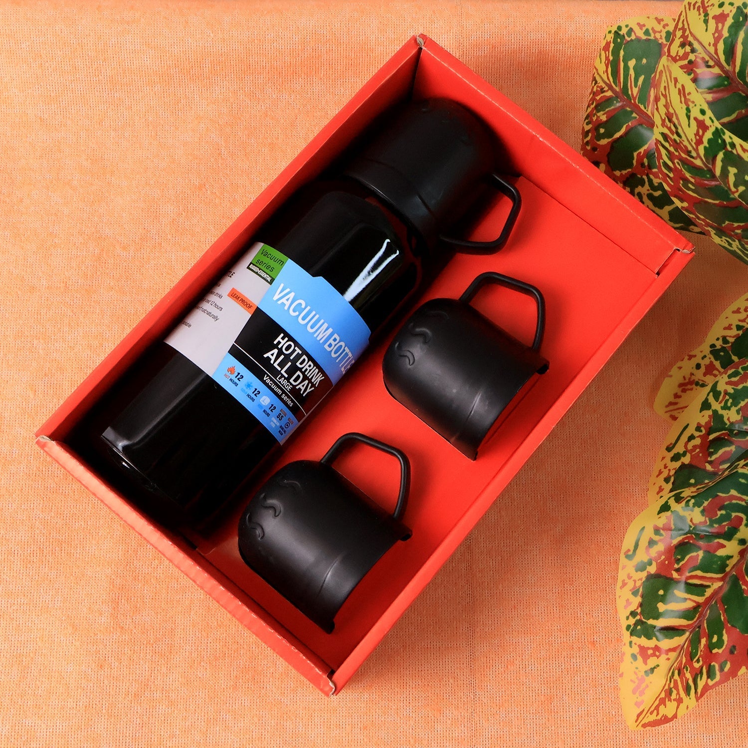 Black Vacuum Flask Set – Stainless Steel Thermos with 3 Cups, Approx 500ml Black Vacuum Flask Set – Stainless Steel Thermos with 3 Cups, Approx 500ml